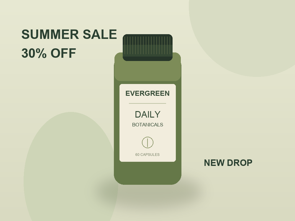 Evergreen botanical product illustration with promotional text